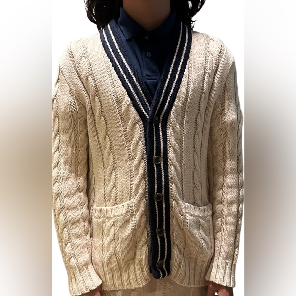 J.CREW Men’s Cable Knit Cardigan Sweater Cream/Navy. 100%Cotton Sz:M